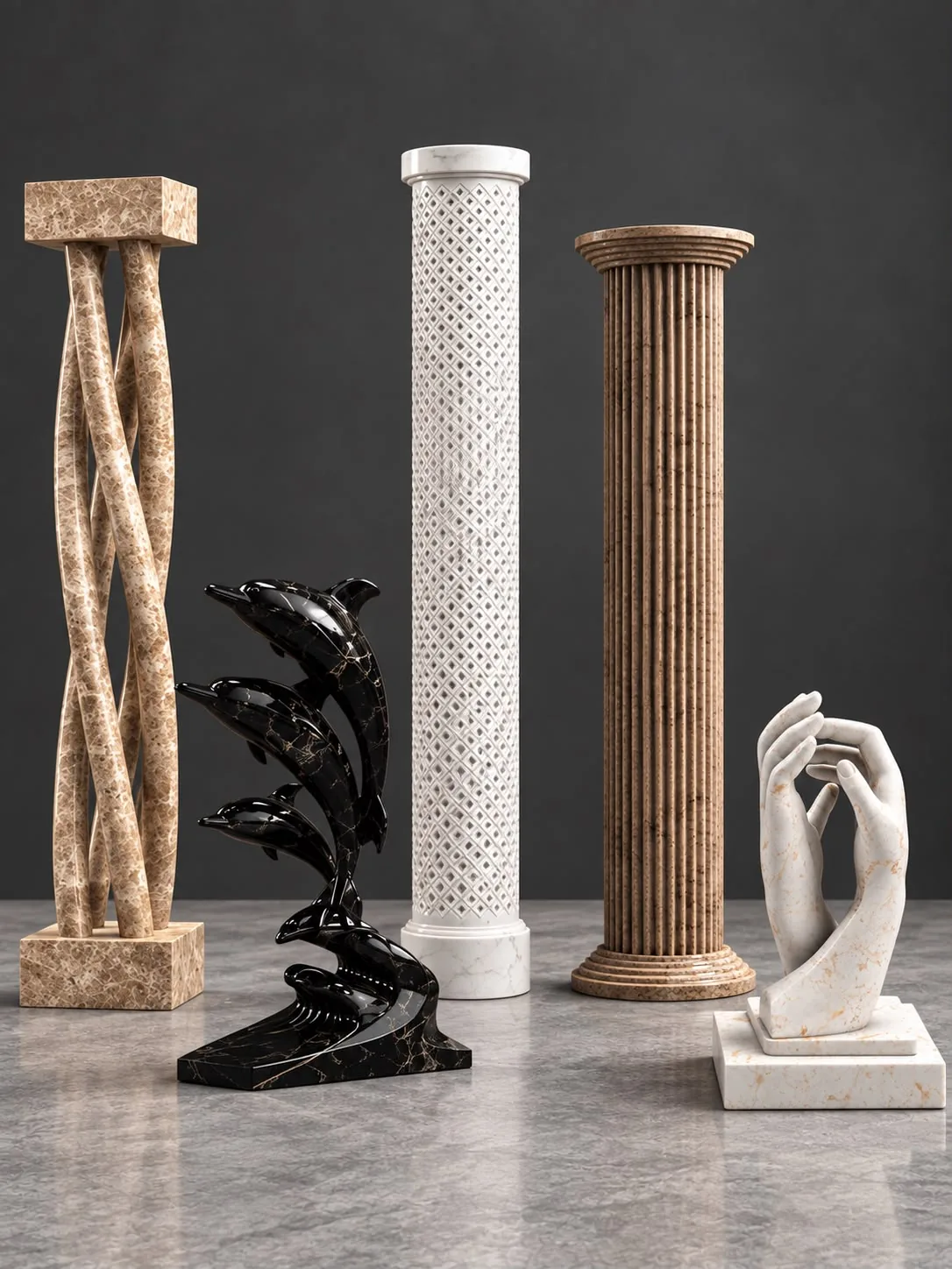 Carved stone columns and sculptures: twisted and latticed columns, a fluted pillar, leaping dolphins and a pair of hands