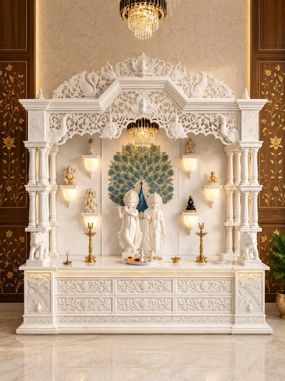 Carved white marble home mandir with arches, pillars, lamps and a peacock motif