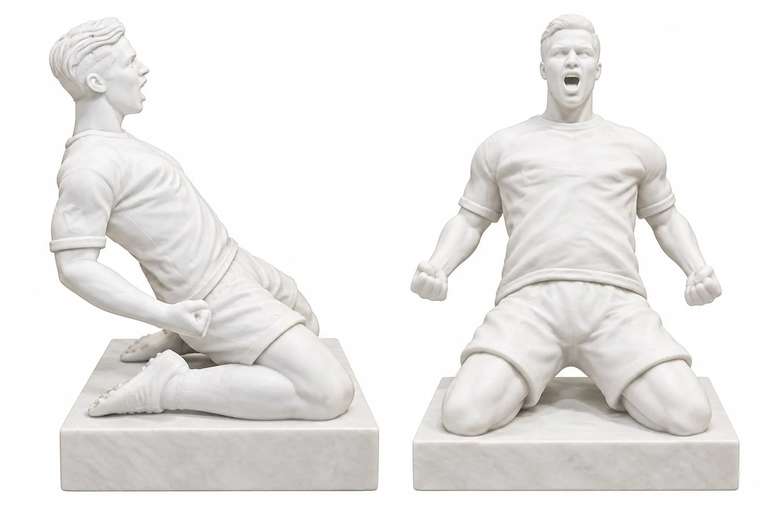 White marble sculpture of a footballer kneeling in celebration, seen from the side and the front
