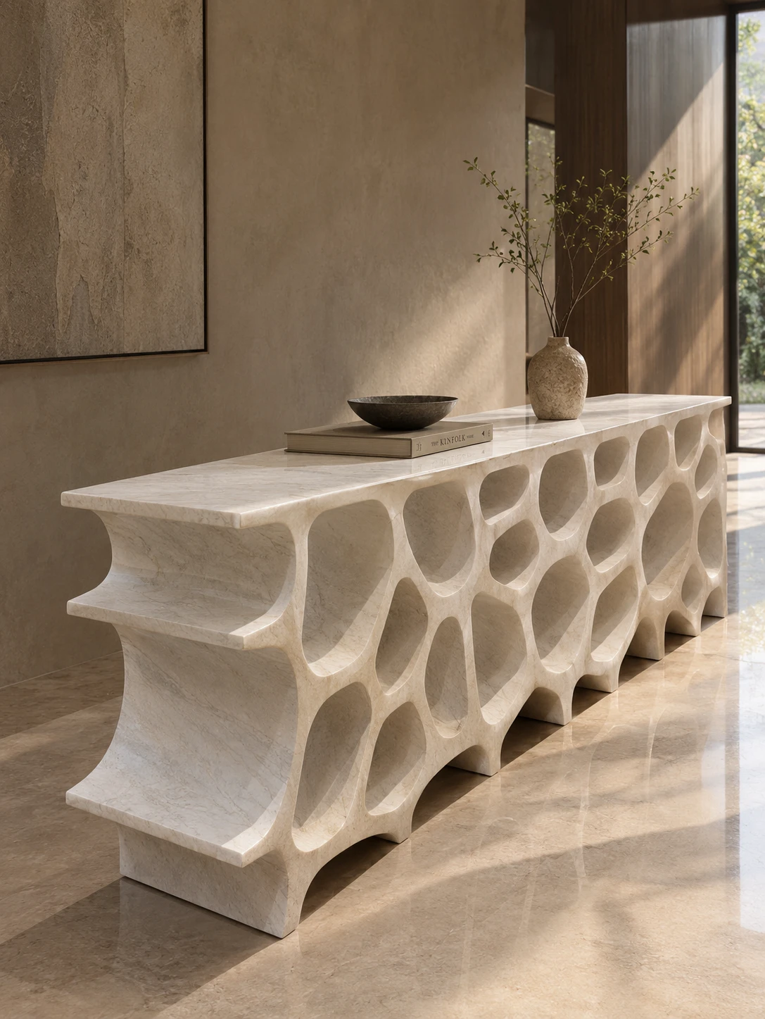 Cream stone console carved in an organic honeycomb pattern