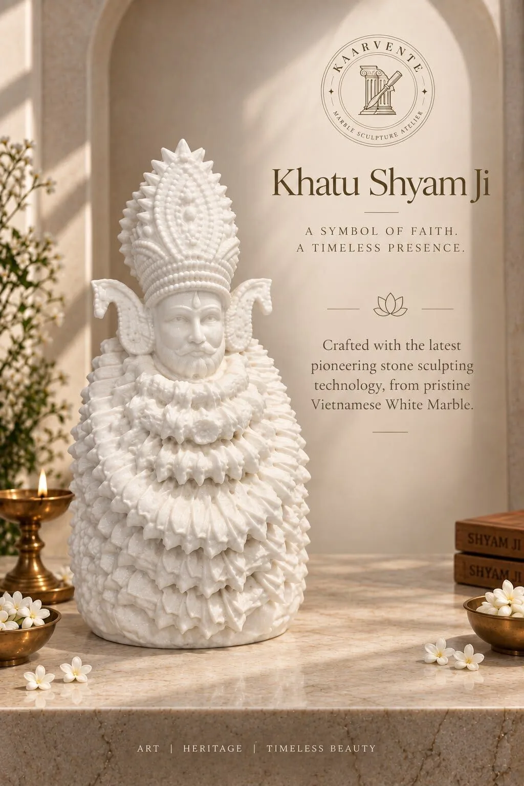 Khatu Shyam Ji murti in Vietnamese white marble with an ornate crown and layered garlands