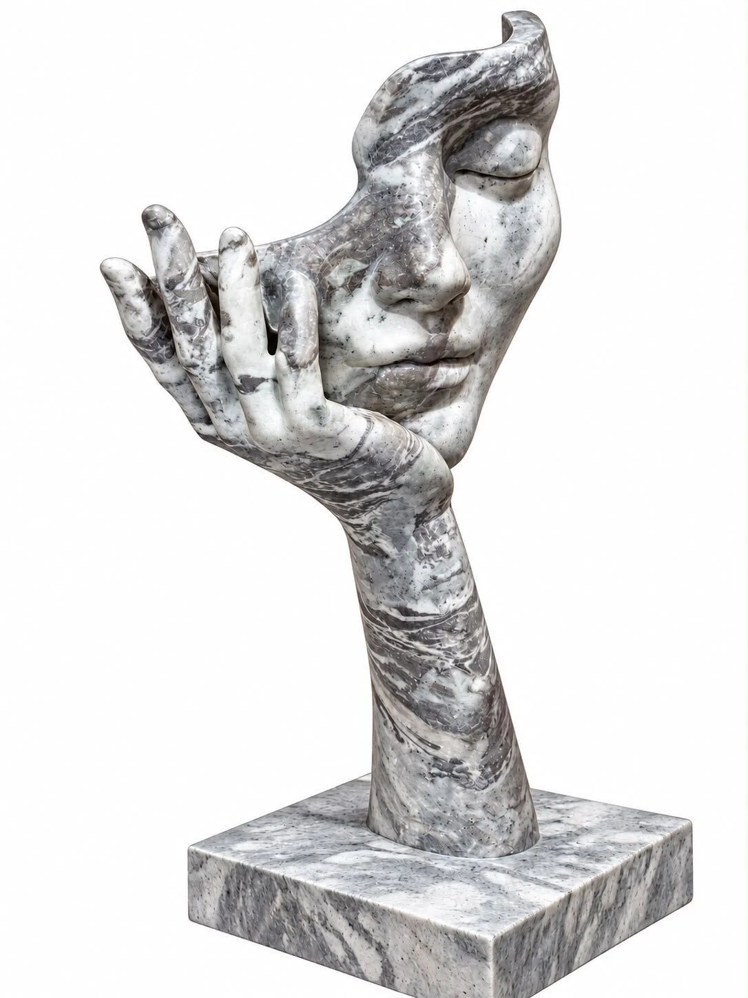 Grey veined marble sculpture of a serene face resting in an open hand